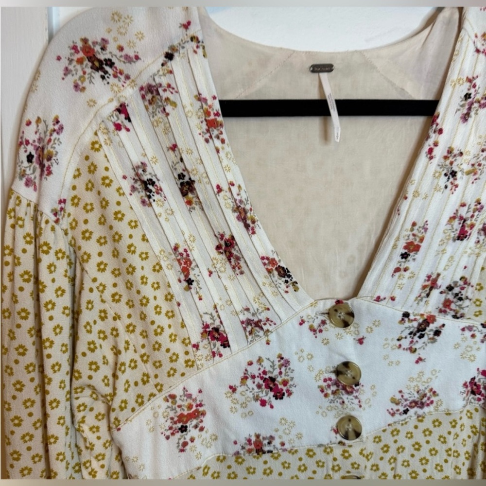 FREE PEOPLE Yellow / Cream Wonderland Floral Printed Mini Dress Small - Picture 4 of 6